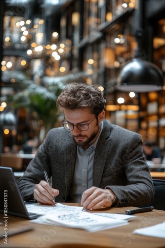 Professional man writing notes while sitting in a stylish and modern co-working space, Generative AI