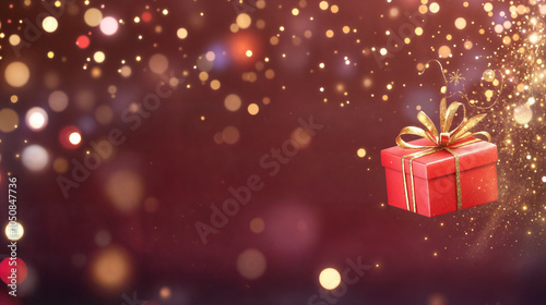 Christmas Red Gift Box with a Gold Ribbon and Shiny Background.