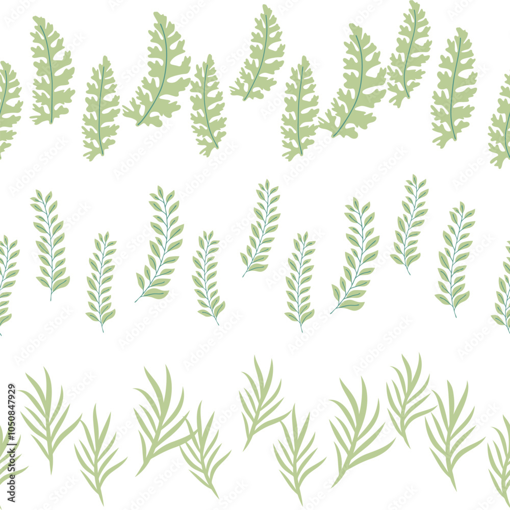 Fototapeta premium Chamomile, rudbeckia, clover, leaves, poppies, lilies of the valley, berries, tulips, assembled horizontal border seamless pattern Floral seamless border