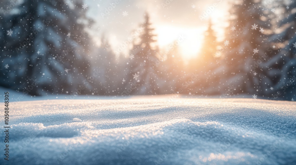 Snowy Landscape with Trees in a Blurred Forest