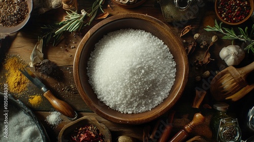 Salt and Spices Arrangement on Rustic Wooden Table