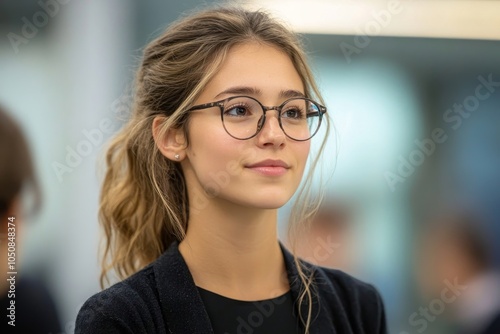 Young business woman having a cooperative discussion with her team in a standup meeting, Generative AI