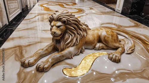 3d lion Marble stone and epoxy floor with golden lines inlayed photo