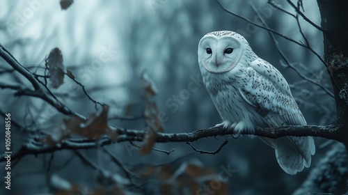 A mystical white owl perched on a tree branch