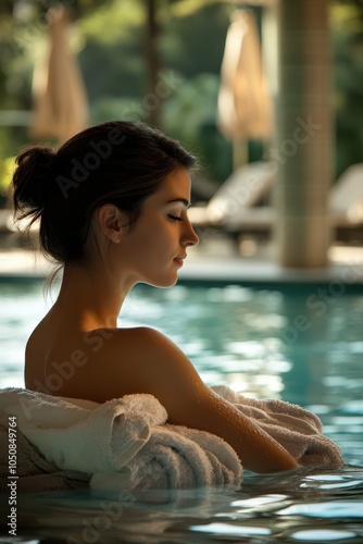 Obraz na płótnie Woman Relaxing by the Spa Pool. w salonie