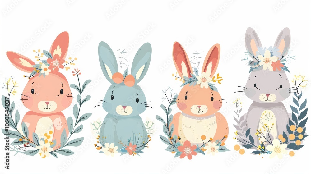 Fototapeta premium Easter bunnies with floral wreaths and painted eggs, vector on a white background