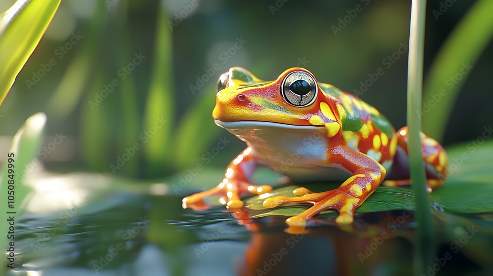 Bright Green Tree Frog Sitting on Leaf in Vibrant Jungle Canopy Image Bright Green Tree Frog Sitting on Leaf in Vibrant Jungle Canopy Image