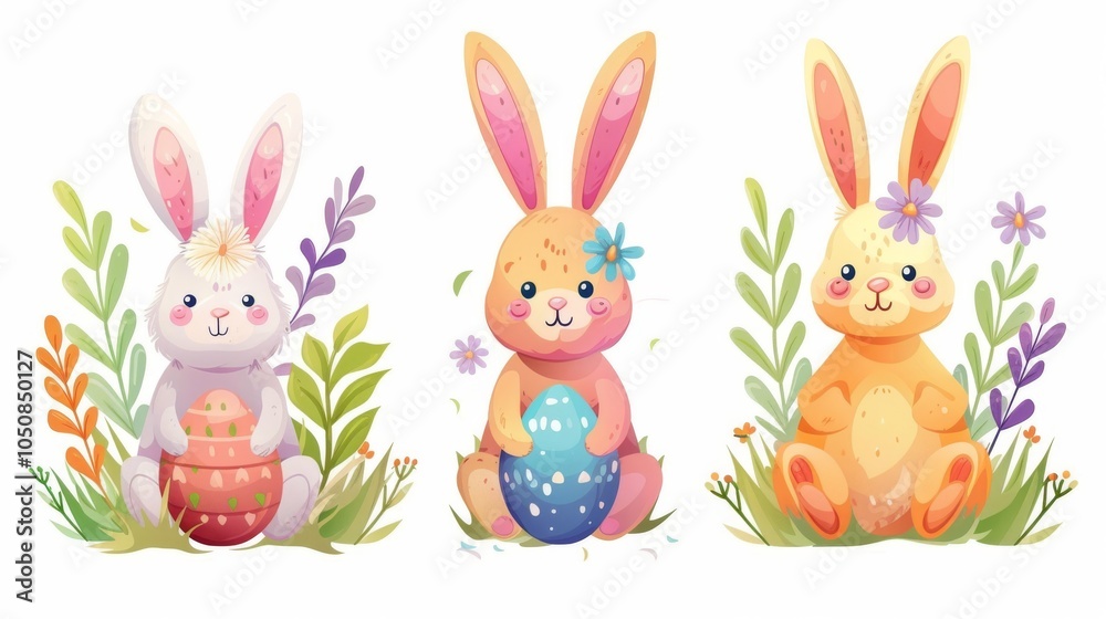 Easter bunnies with floral wreaths and painted eggs, vector on a white background
