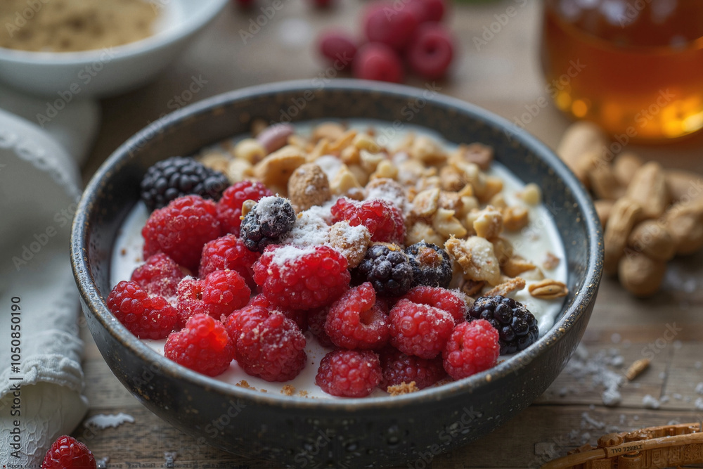 Bowl with berries and nuts, top view, natural vitamins