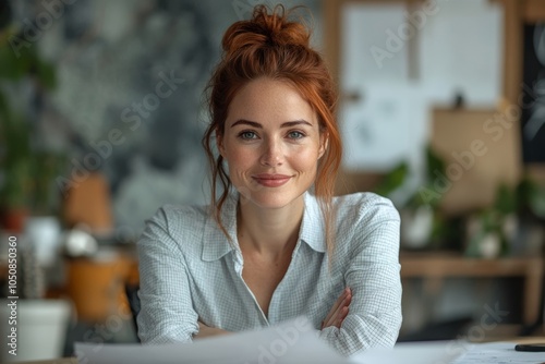 Happy businesswoman planning project at office table, Generative AI