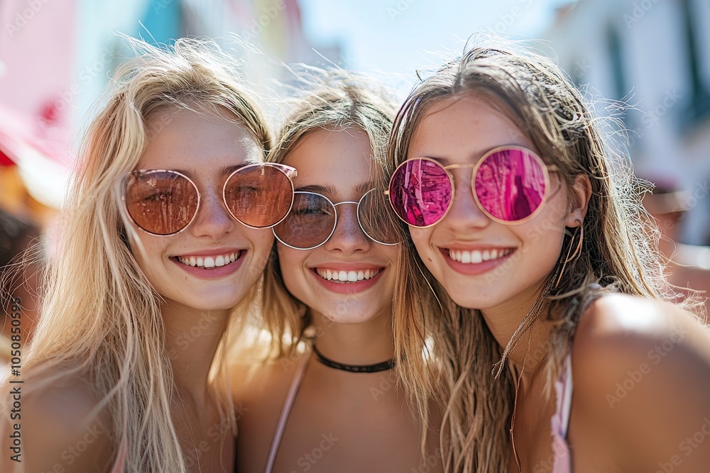 Happy young women enjoying a day out together in the city streets, Generative AI Happy young women enjoying a day out together in the city streets, Generative AI