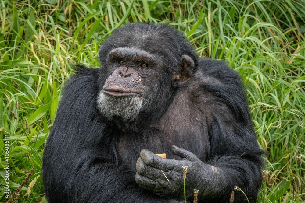 Chimpanzee sitting in grass holding food. Chimpanzee sitting in grass holding food.