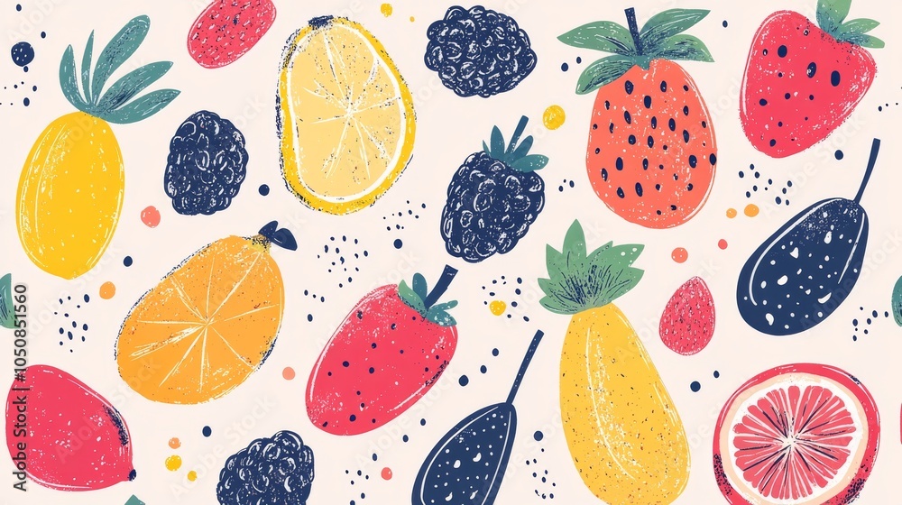 Hand-drawn fruits and berries, colorful abstract minimal style, vector illustration Hand-drawn fruits and berries, colorful abstract minimal style, vector illustration