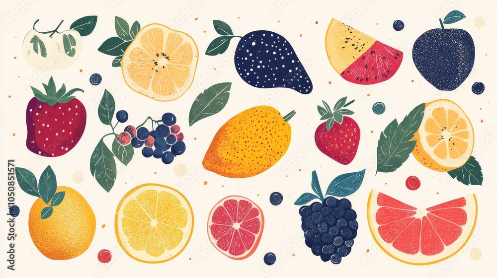 Hand-drawn fruits and berries, colorful abstract minimal style, vector illustration Hand-drawn fruits and berries, colorful abstract minimal style, vector illustration