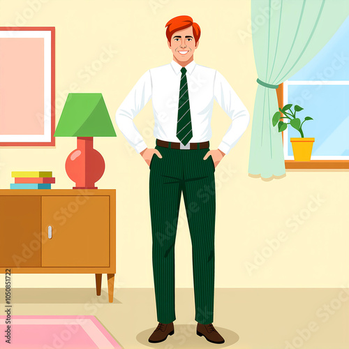 Smiling man in green-striped pants and green tie in a cozy living room