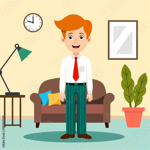 Young boy in green-striped pants with red tie, in a playful living room