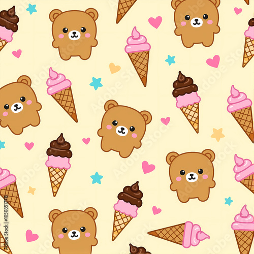 Kawaii bear with cones and sweets