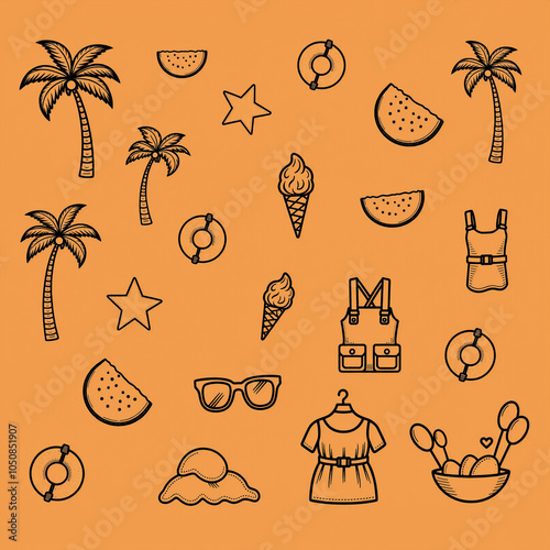 Black outlined summer icons on orange background featuring palm trees, ice cream, and swimsuits