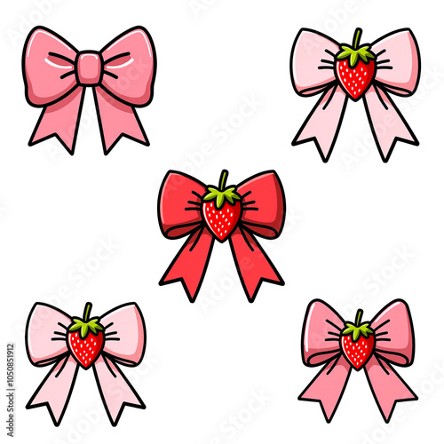 Pink and red bow illustrations with strawberry designs in cartoon style