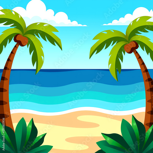 Cartoon beach scene with palm trees and blue waves under a sunny sky