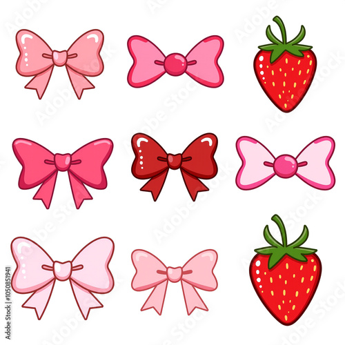 Variety of bows and strawberries in vibrant shades of pink and red