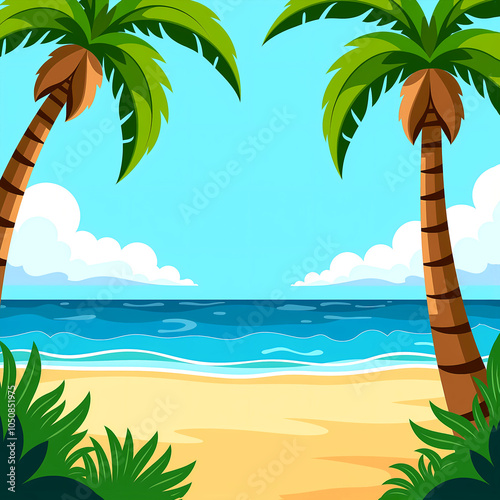Beach scene with two palm trees and clear sky over calm sea waves