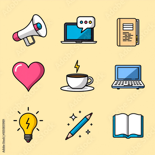 Various cartoon icons including a heart, book, laptop, and light bulb