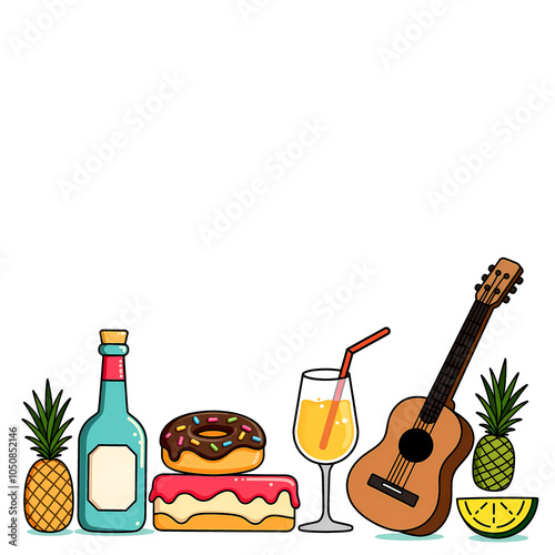 Variety of fruits, drinks, and guitar in a fun, tropical arrangement