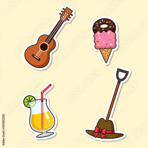 Set of icons including guitar, ice cream, drink, and shovel hat