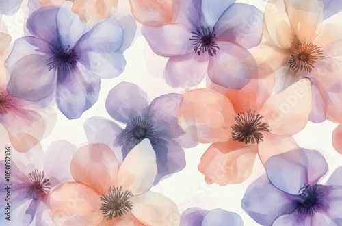 Soft watercolor flowers in shades of purple, pink, and orange against a light...