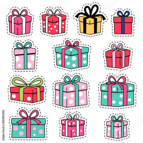 Set of colorful gift boxes with ribbons in a fun, dotted pattern