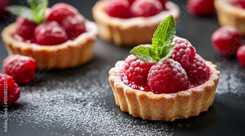 Delicious raspberry tarts with mint on a black surface, perfect for dessert l...
