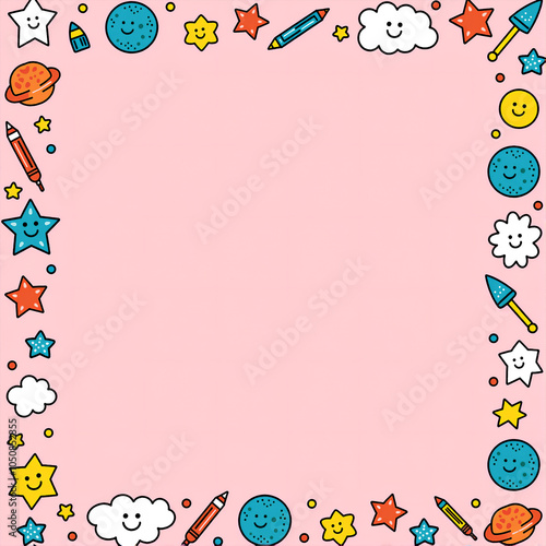 Playful space-themed frame with smiley icons