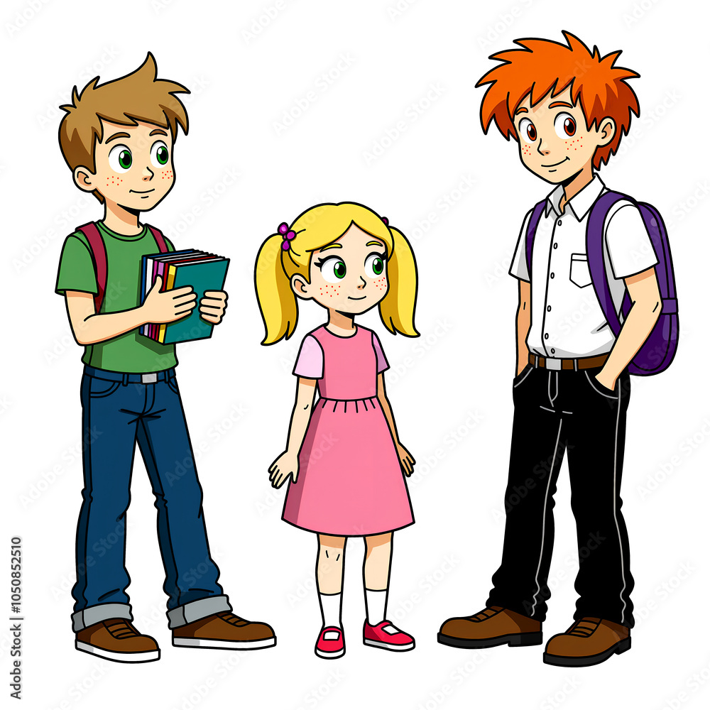 Three cartoon kids with backpacks and books Three cartoon kids with backpacks and books