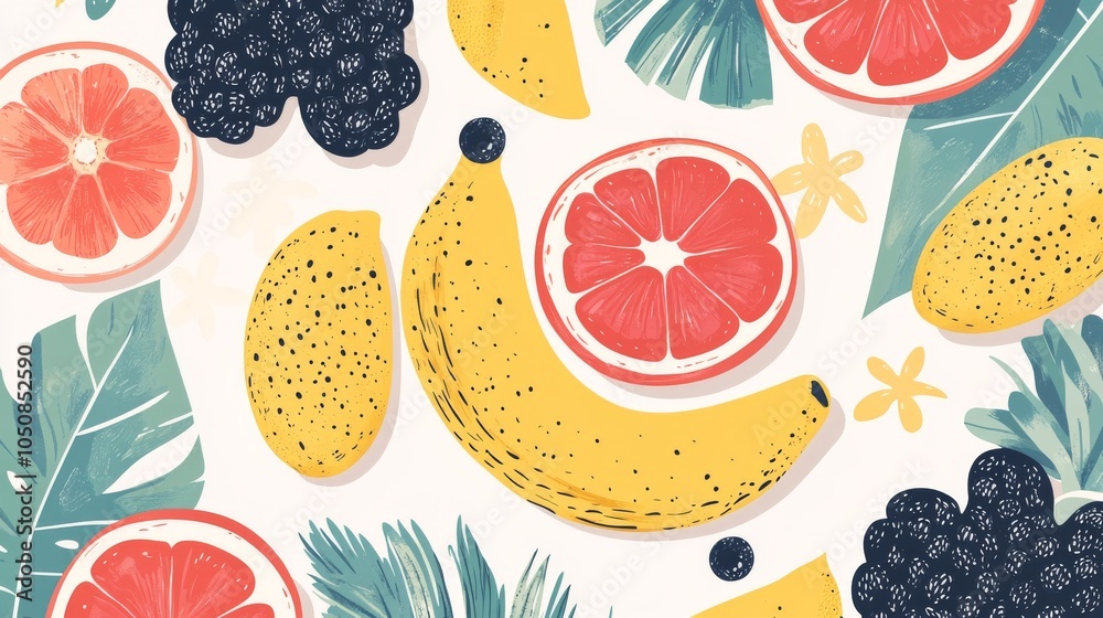Hand-drawn tropical fruits and berries, modern abstract minimal style, vector illustration Hand-drawn tropical fruits and berries, modern abstract minimal style, vector illustration