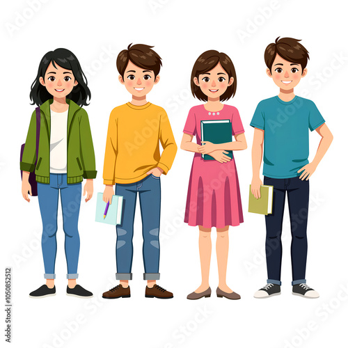 Four cartoon teens with books and backpacks