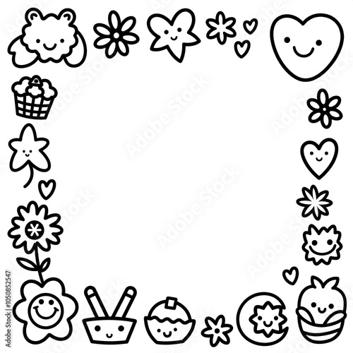 Black and white cartoon border with happy elements