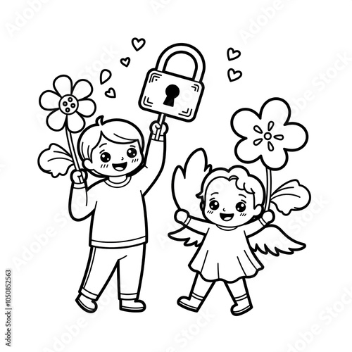Happy kids with flowers and love symbols