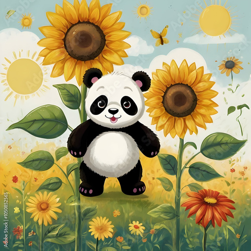 a fluffy panda bear, with large round eyes, happily holding a vibrant sunflower with a tiny ladybug resting at its center photo