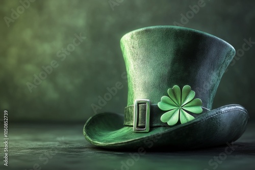 Green felt hat with a clover on a textured backdrop for St. Patrick's Day