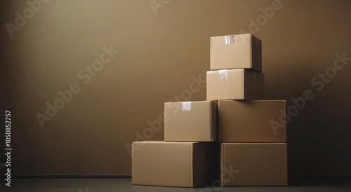 Bright and airy room with stacked boxes and a plant in warm afternoon sunlight