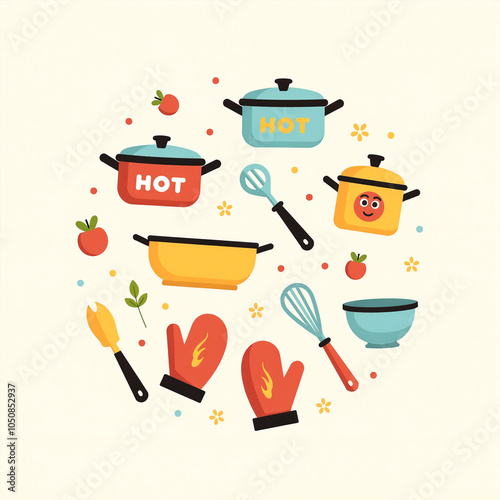 Round arrangement of cute kitchen pots, utensils, and food items
