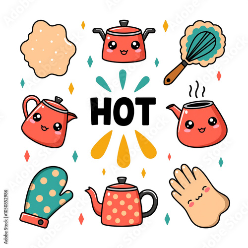 Hot kitchen items with cute faces and vibrant colors