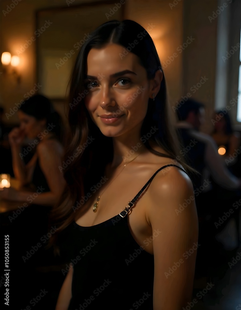In a dimly lit indoor setting, a woman wearing a black sleeveless dress is wearing dark hair and olive skin as she poses. In a dimly lit indoor setting, a woman wearing a black sleeveless dress is wearing dark hair and olive skin as she poses.