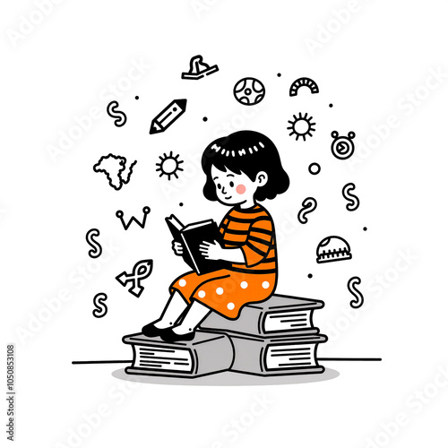 Young girl reading a book with knowledge symbols around