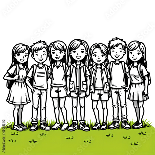 Group of children standing together on the grass