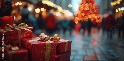 Festive holiday market scene with Christmas gifts and twinkling lights in the...