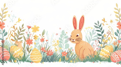 Happy Easter vector with bunny and floral elements, pastel eggs on a white background