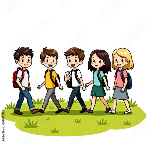 Group of children walking together in the grass