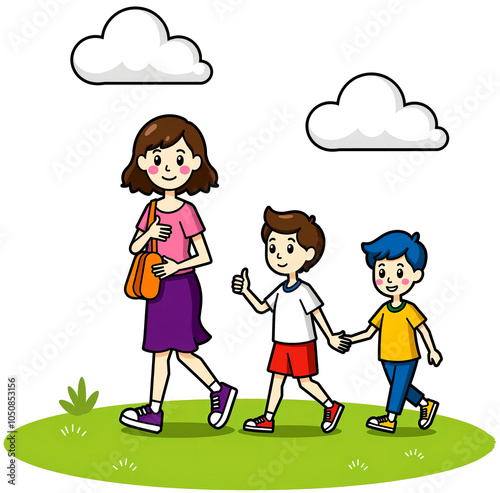 Mother walking with two boys on a grassy field